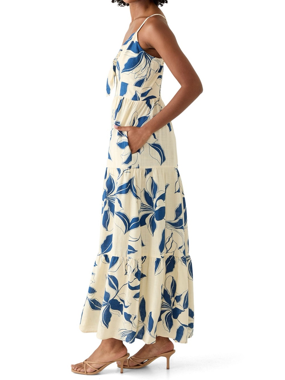 MSK Cream Maxi Dress with Blue Leaf Print and Front Tie Size Medium - Picture 14 of 14